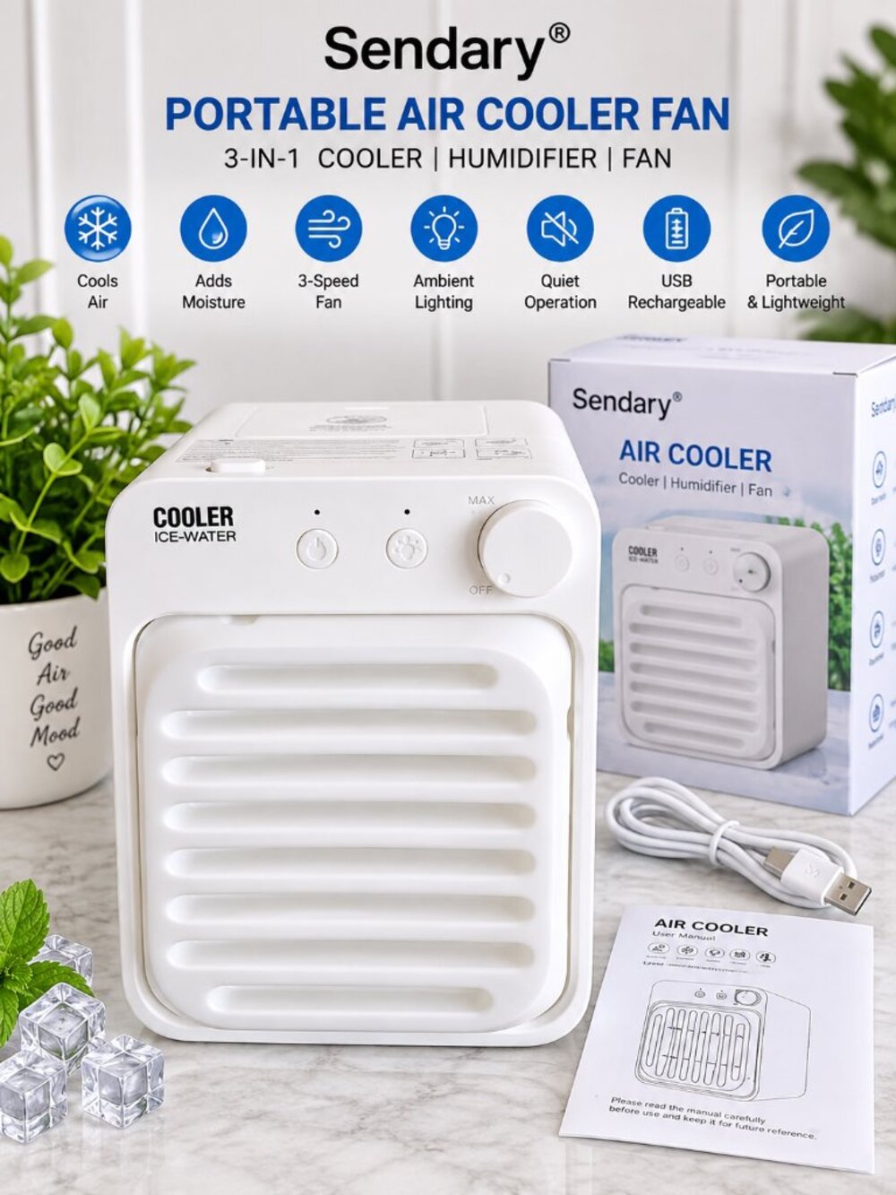 Sendary Portable Air Cooler Fan Humidifier 3-in-1 USB Rechargeable NIB